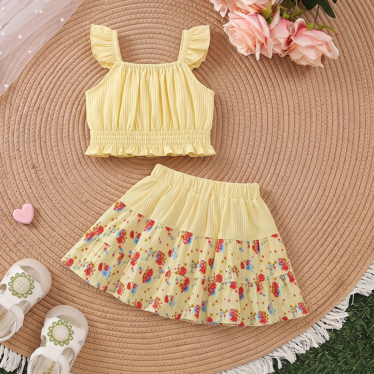 Girls Yellow Striped Sleeveless Top With Skirt Sets 2 pc. Sets