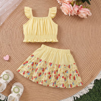 Girls Yellow Striped Sleeveless Top With Skirt Sets 2 pc. Sets