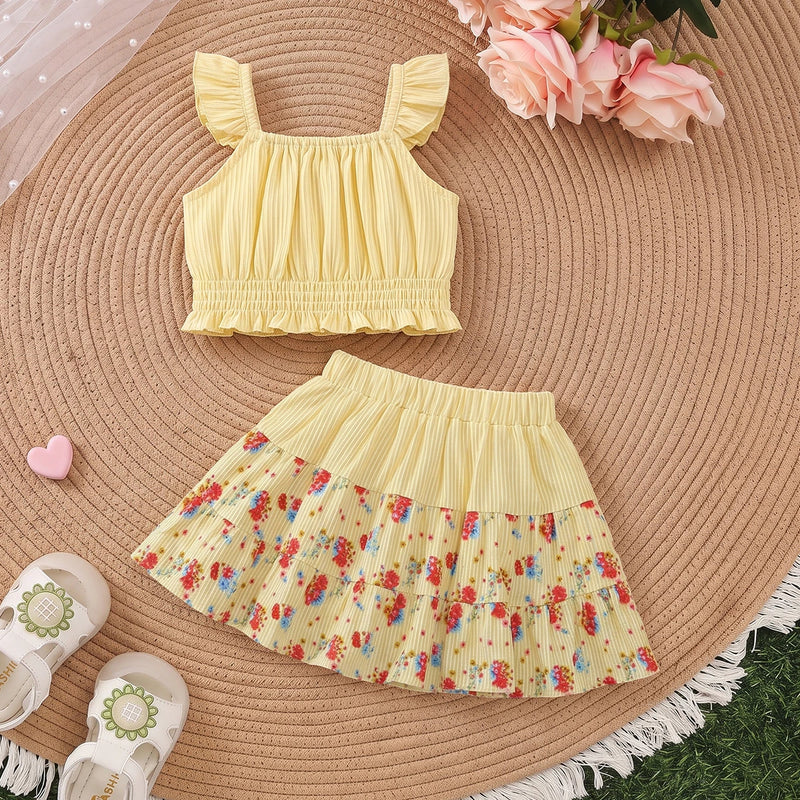 Girls Yellow Striped Sleeveless Top With Skirt Sets 2 pc. Sets