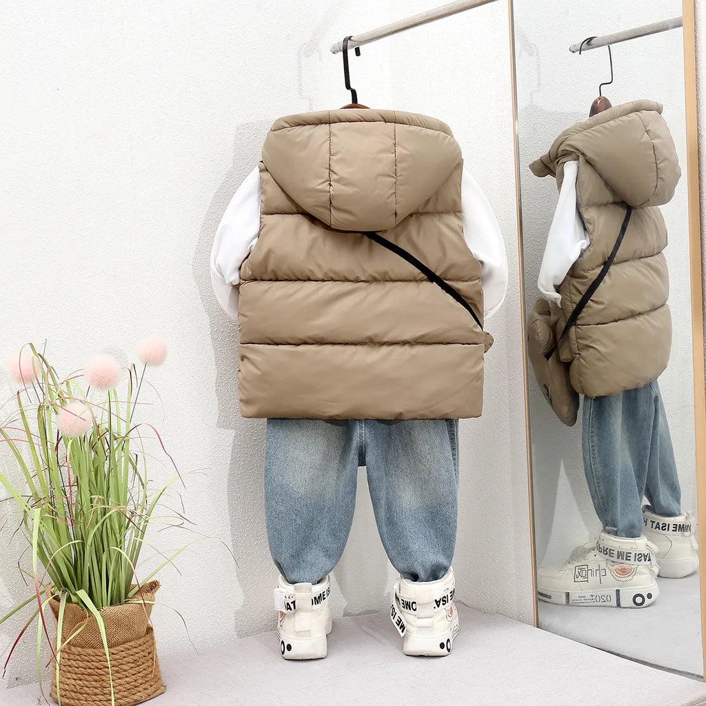 Boys Brown Hooded Sleeveless Puffer Vest With Patch Pockets Coats & Jackets