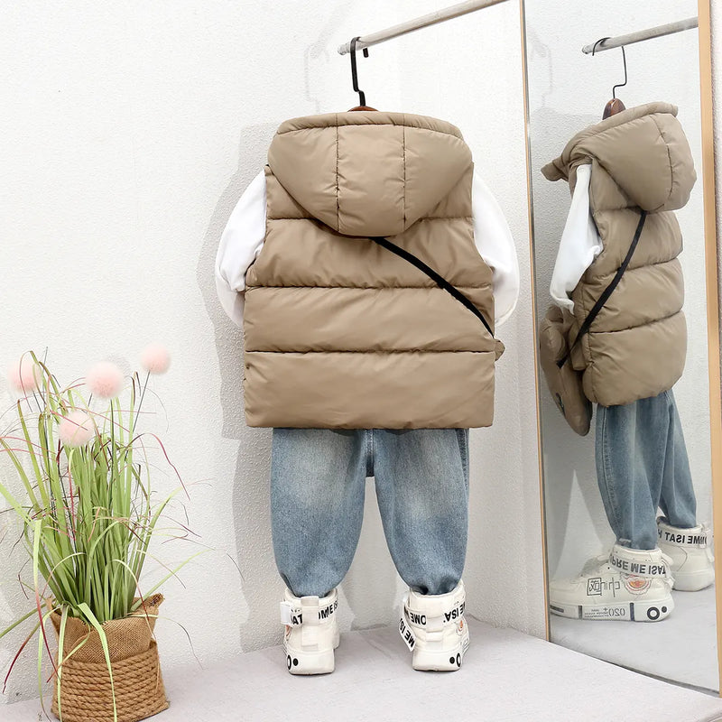 Boys Brown Hooded Sleeveless Puffer Vest With Patch Pockets Coats & Jackets