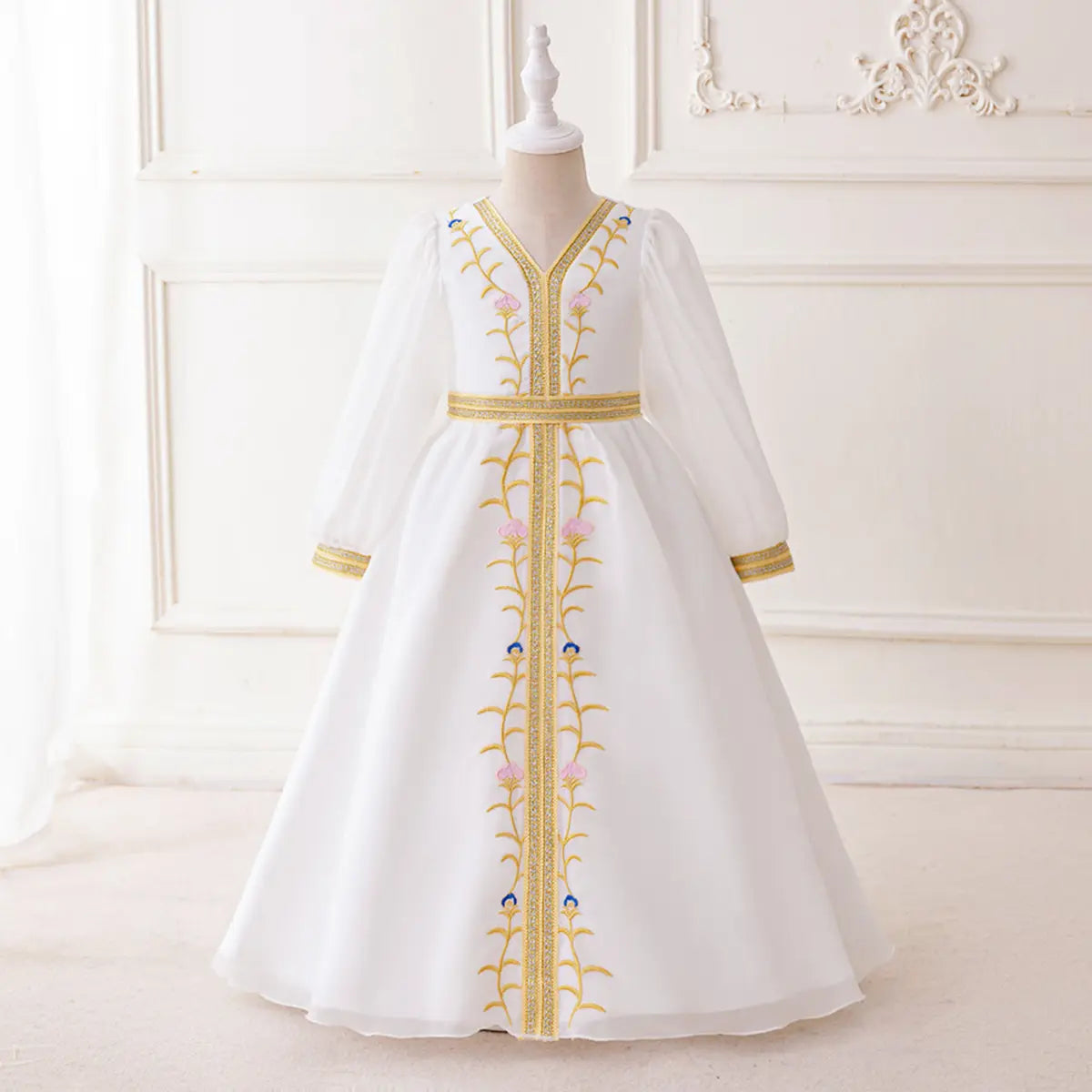 Girls White Embroidered Fit & Flare Dress With Long Sleeves Casual Dresses White 3-4 Y
