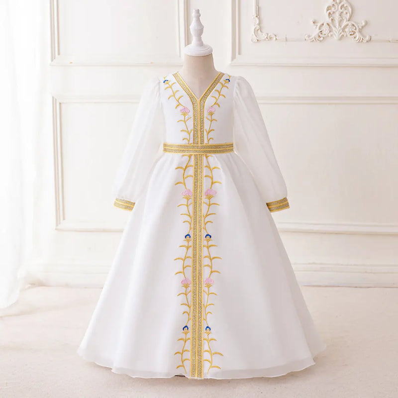 Girls White Embroidered Fit & Flare Dress With Long Sleeves Casual Dresses White 3-4 Y