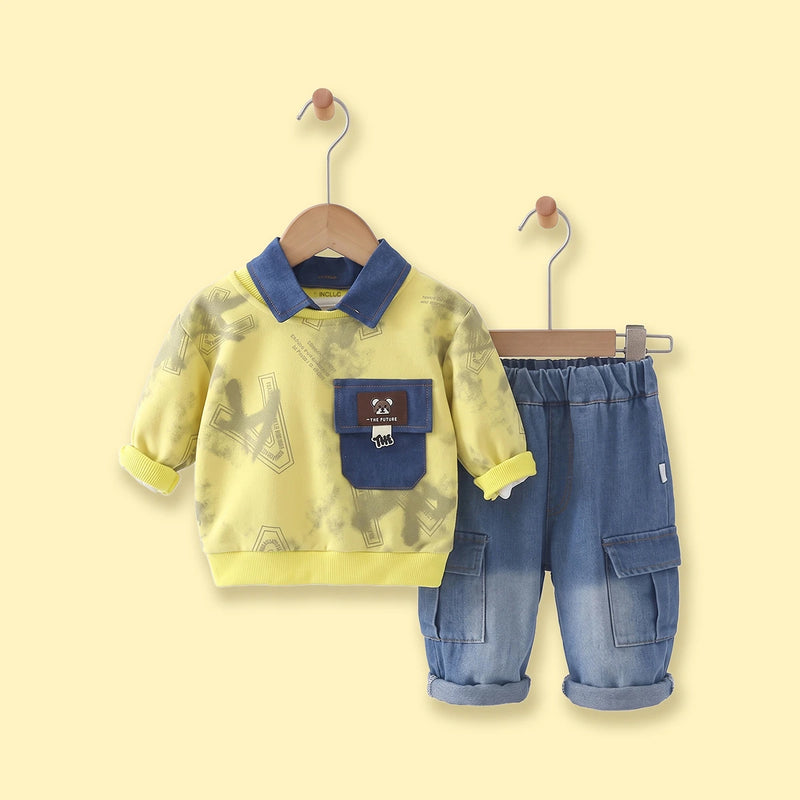 Boys Yellow Abstract Polo Sweatshirt & Denim Cargo Pants Sets Sets Yellow 1-2 Y