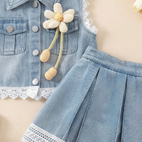 Girls Blue Flower Applique Sleeveless Denim Vest With Pleated Denim Skirt Sets 2 pc. Sets