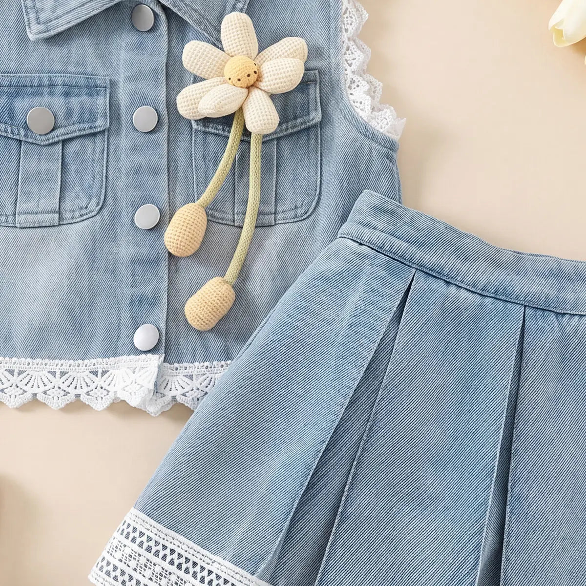 Girls Blue Flower Applique Sleeveless Denim Vest With Pleated Denim Skirt Sets 2 pc. Sets