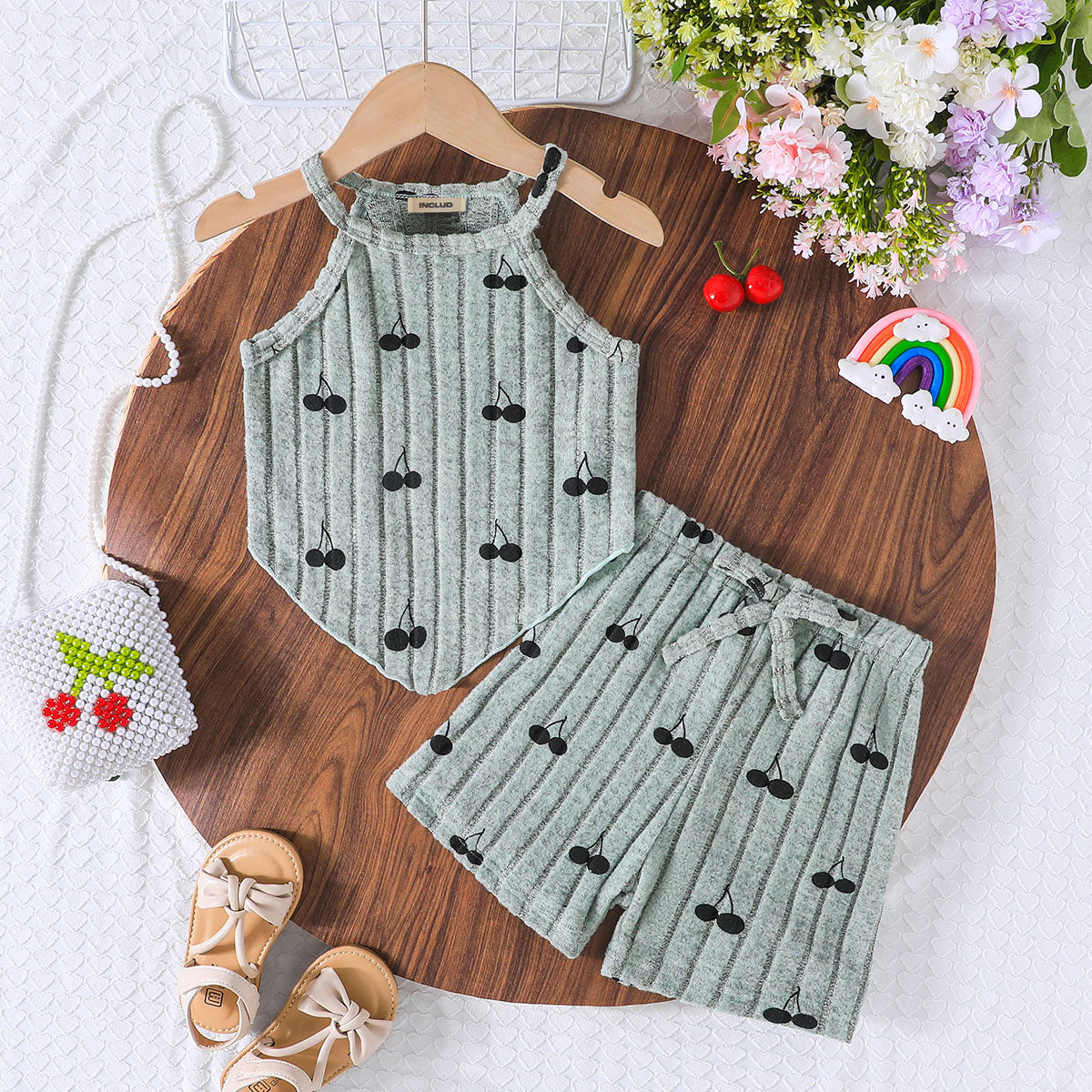 Girls Sea Green Cherry Printed Crop Top With Shorts Set 2 pc. Sets Sea Green 3-4 Y