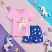 Girls Unicorn Print T-Shirt With Printed Shorts Set Sets Pink 1-2 Y 