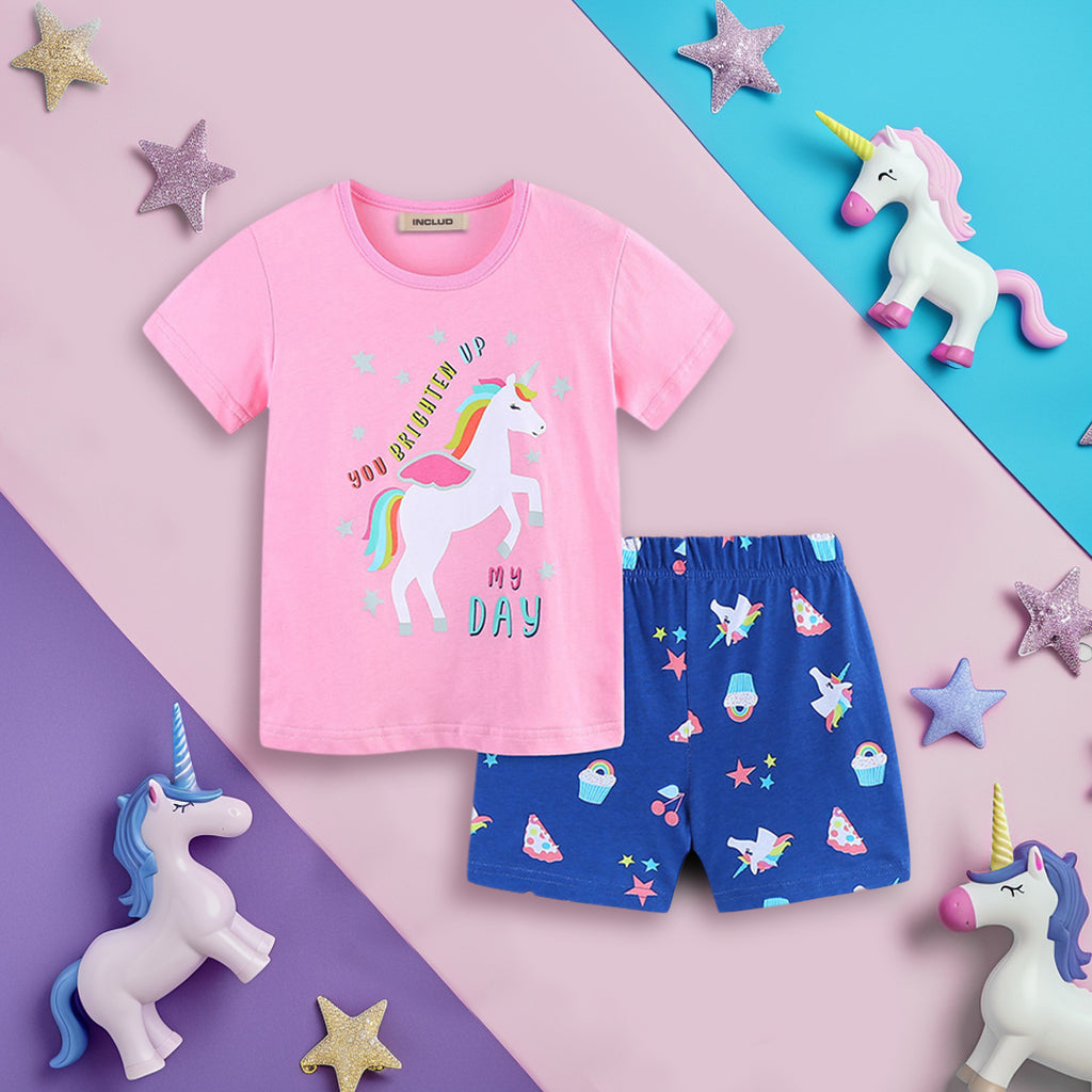 Girls Unicorn Print T-Shirt With Printed Shorts Set