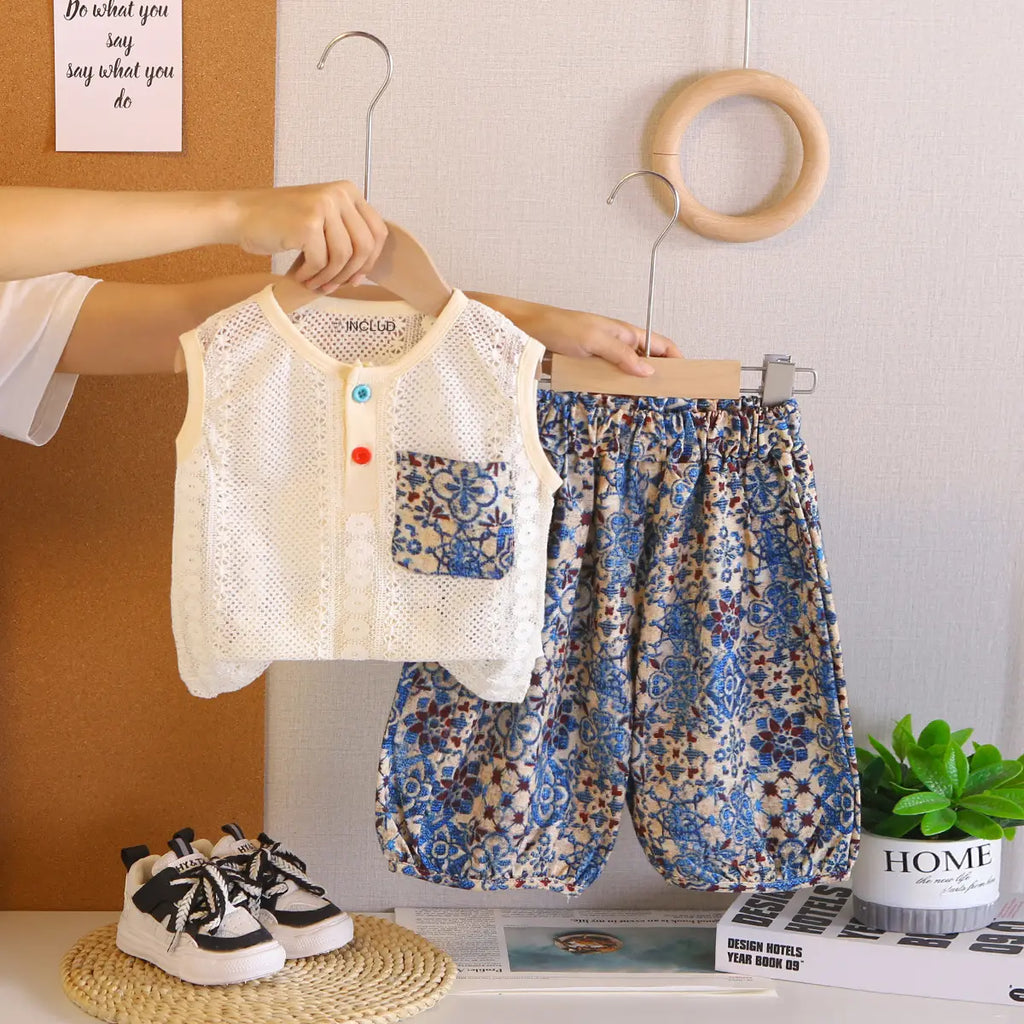 Girls Off White Sleeveless Net Top with Printed Pants Sets 2 pc. Sets Off White 1-2 Y