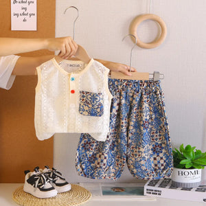 Girls Off White Sleeveless Net Top with Printed Pants Sets 2 pc. Sets Off White 1-2 Y