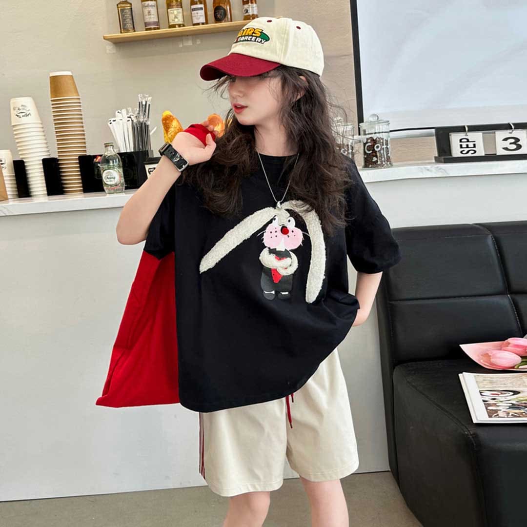 Girls Short Sleeves Applique Embroidery T-Shirt With Shorts Set Sets   
