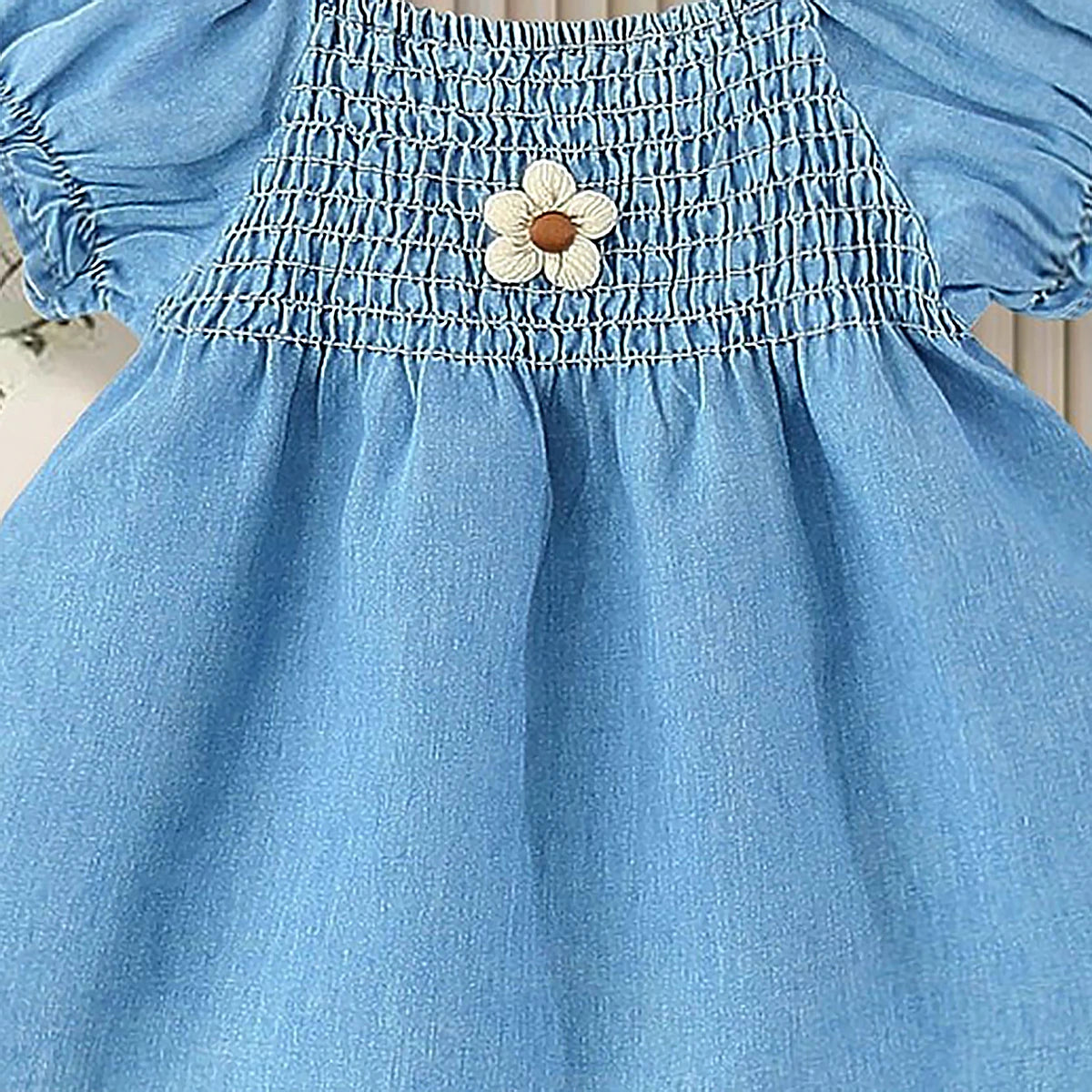 Girls Light Blue Denim Smocked Fit & Flare Casual Dress Casual Dresses