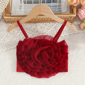 Girls Burgundy 3D Flower Applique Crop Top With Denim Skirts Set Sets
