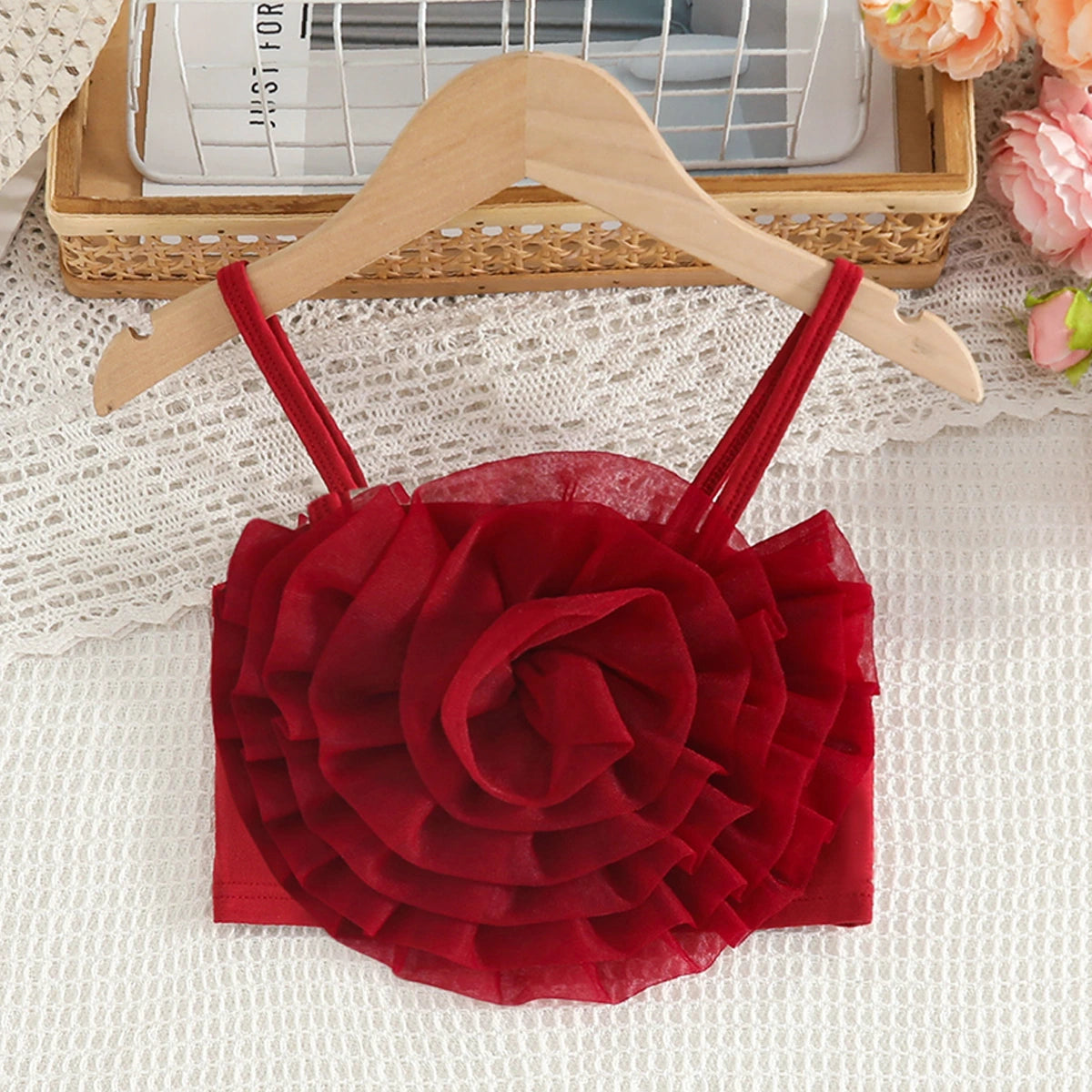 Girls Burgundy 3D Flower Applique Crop Top With Denim Skirts Set Sets