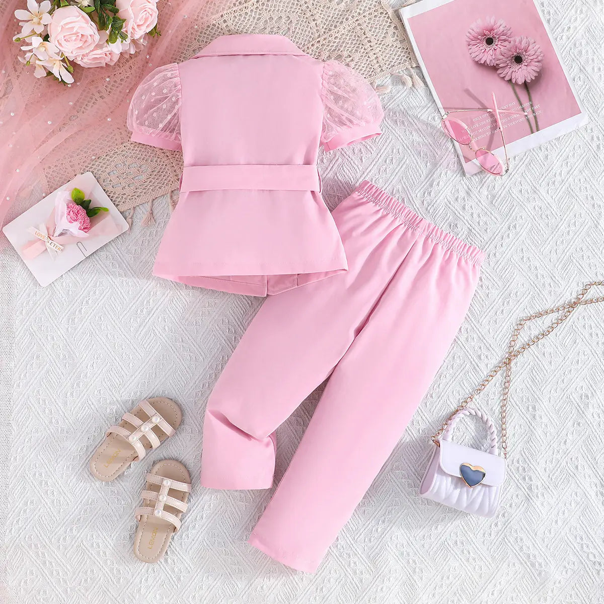Girls Pink Solid Blazer Top With Pants Co-ord Sets Sets
