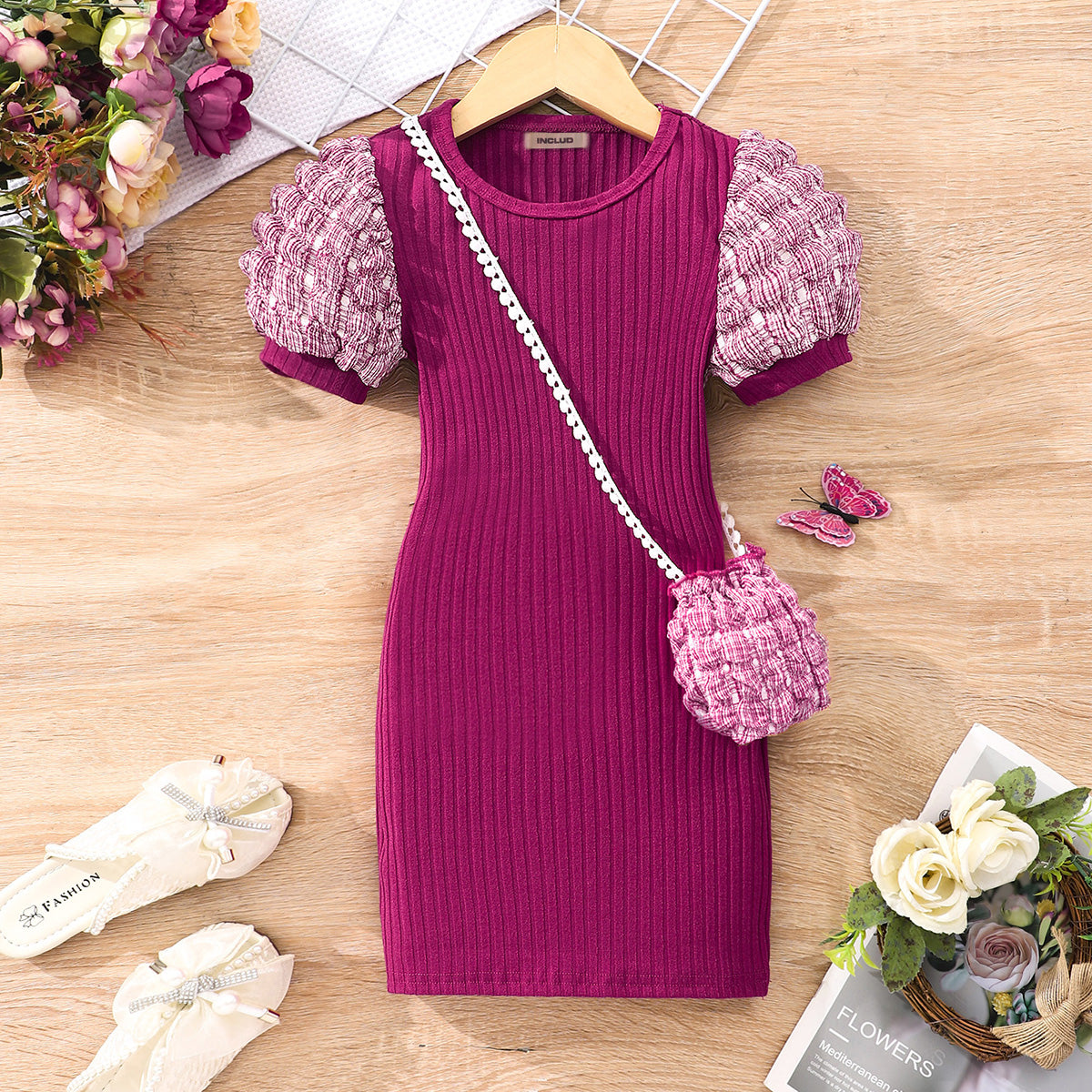Girls Maroon Puff Sleeves Round Neck Bodycon Dress With Sling Bag Casual Dresses Maroon 2-3 Y