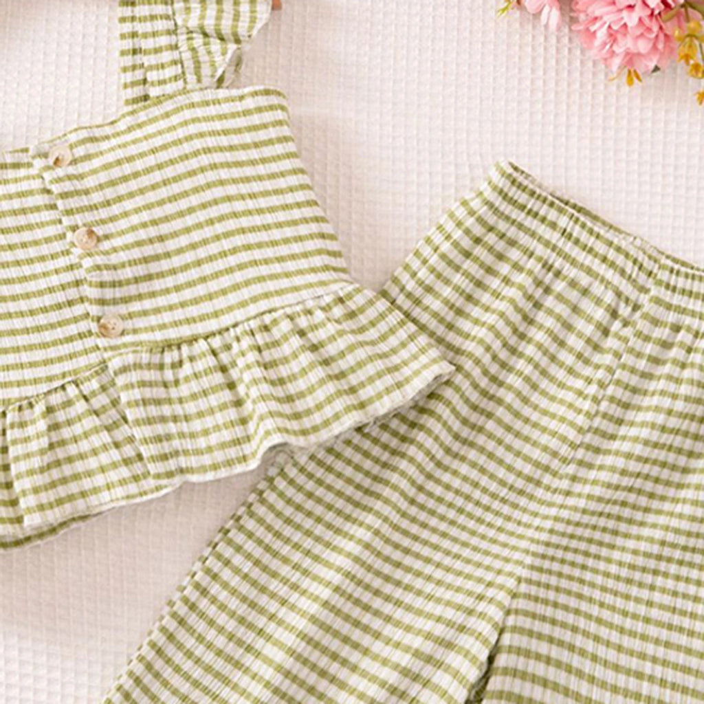 Girls Green Stripes Sleeveless Top With Pants Co-ord Sets Sets