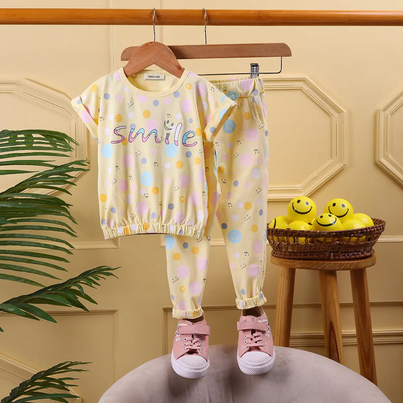 Girls Yellow Allover Smiley Printed Crop Top With Pants Co-ord Sets Sets Yellow 9-12 M