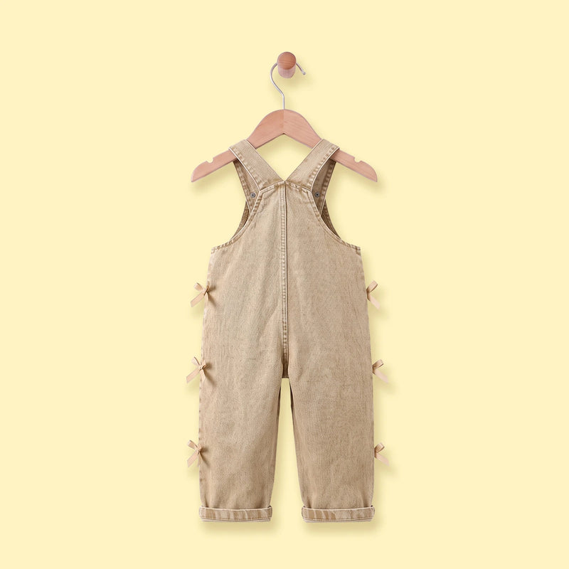 Girls Khaki Denim Bow Applique Dungaree Jumpsuits