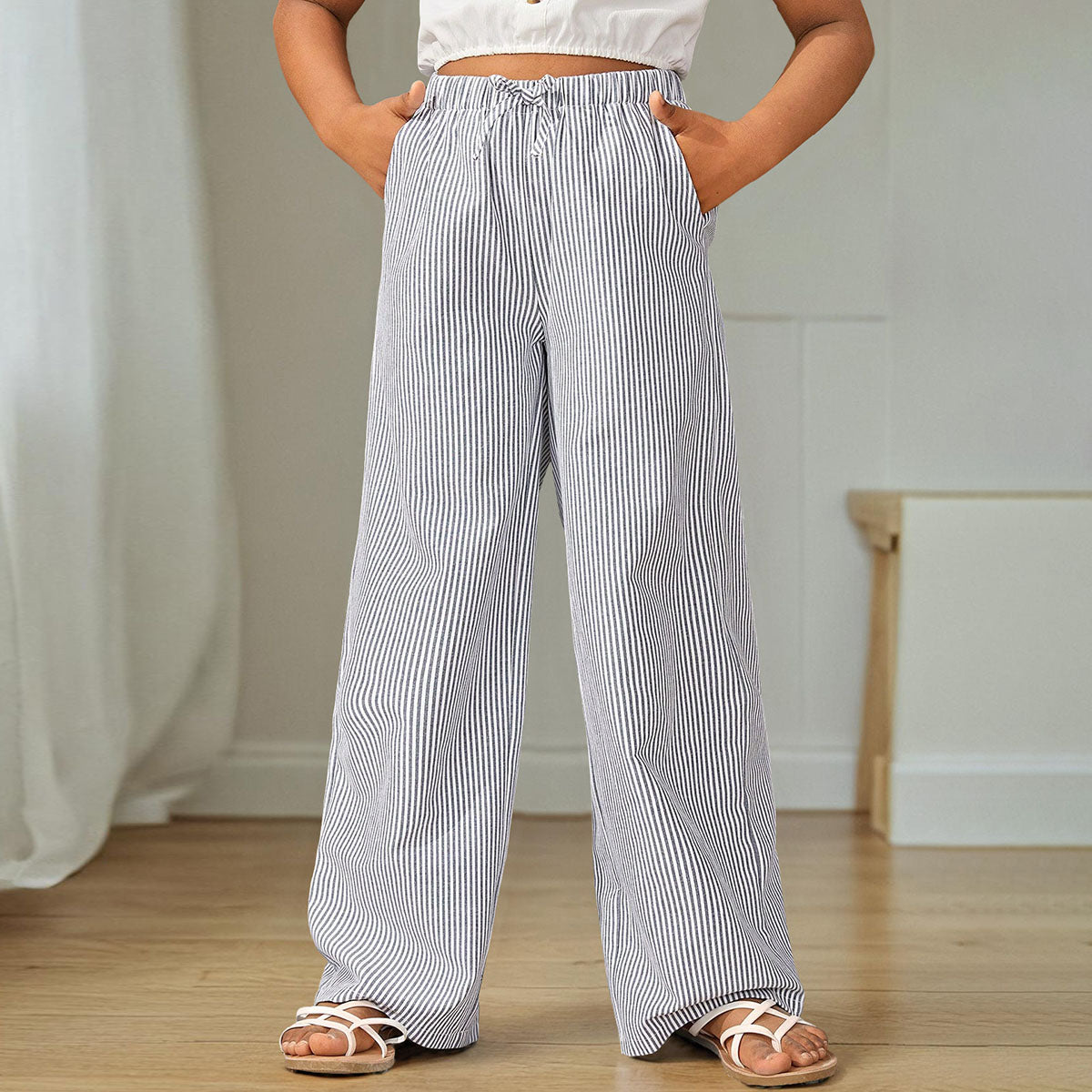 Girls Blue Striped Straight Legs Pants Pants