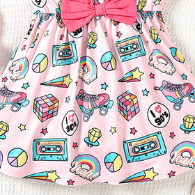 Girls Light Pink Graphic Print Flutter Sleeve Fit & Flare Dress Casual Dresses