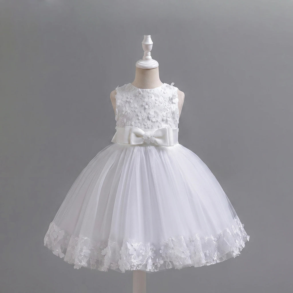 Girls White Floral Applique Sleeveless Tutu Party Wear Dress Party Dresses White 1-2 Y