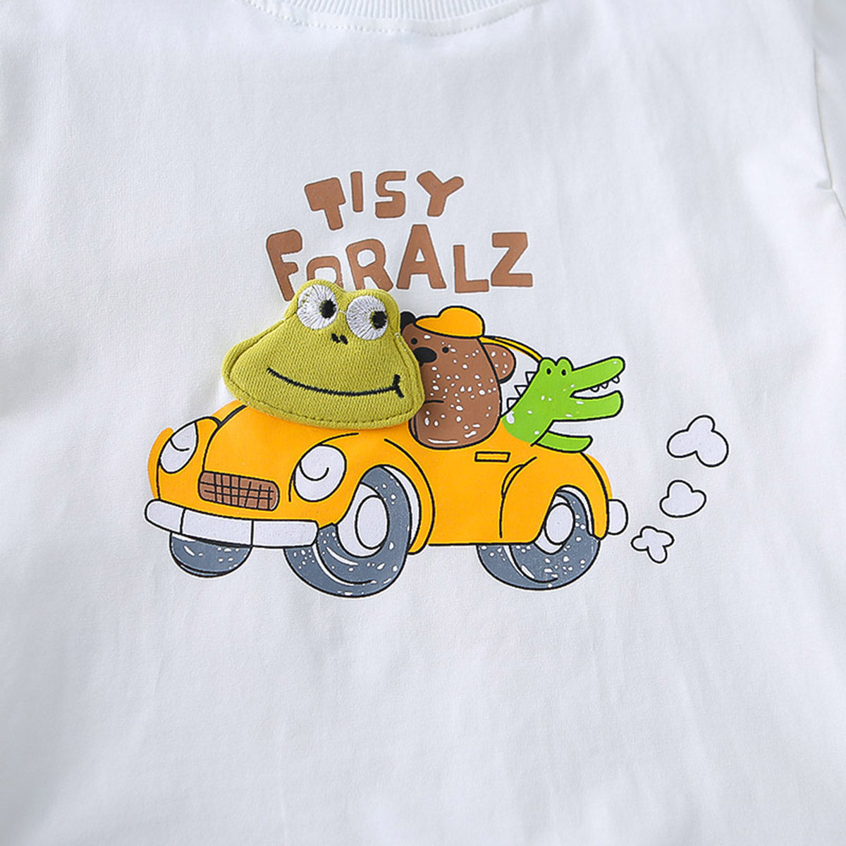 Boys White Car Printed Short Sleeves T-Shirt With Denim Shorts Set 2 pc. Sets