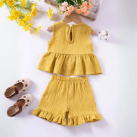 Girls Yellow Textured Bow Applique Peplum Top With Shorts Co-ord Sets Sets
