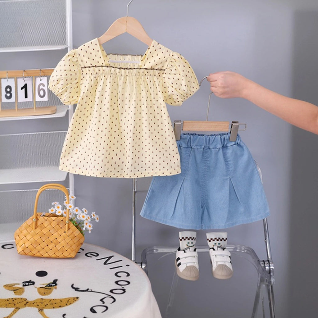 Girls Yellow Polka Dot Print Top With Pleated Denim Shorts Set Sets