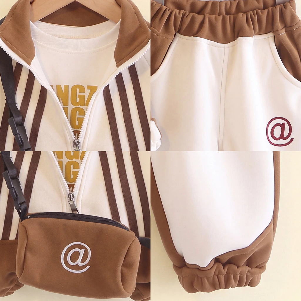 Boys Brown Striped Jacket & Joggers With T-Shirt Sets 3 pc. Sets
