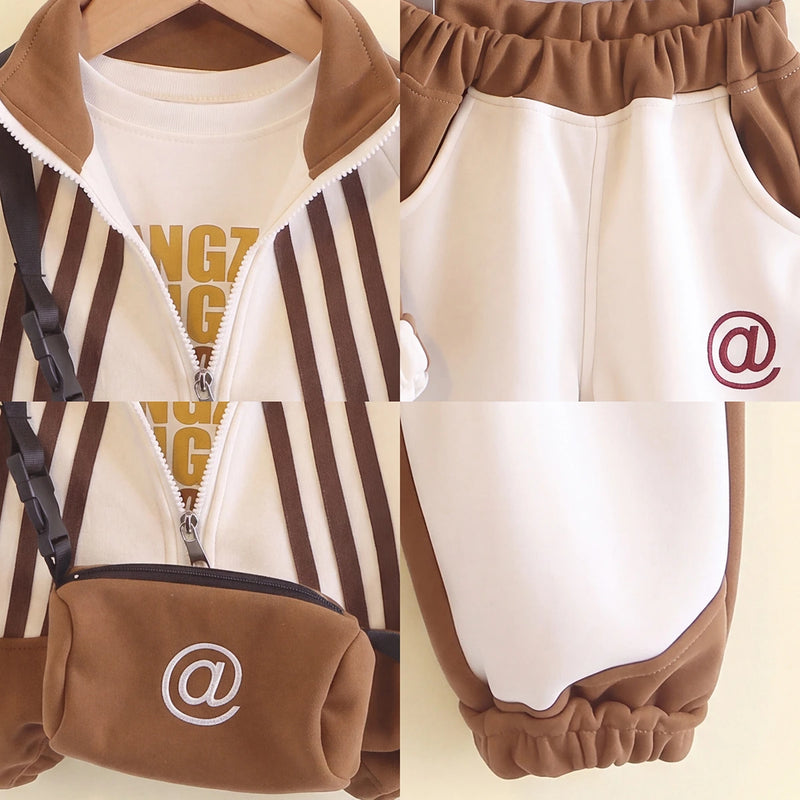 Boys Brown Striped Jacket & Joggers With T-Shirt Sets 3 pc. Sets