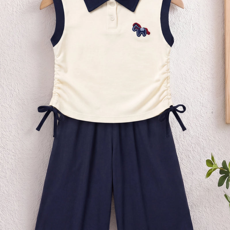 Girls Sleeveless Polo Top With Navy Blue Pants Sets 2 pc. Sets