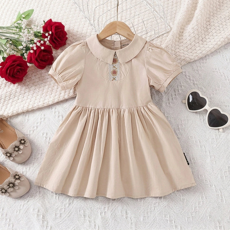 Girls Khaki Embroidered Short Sleeve Fit And Flare Dress Casual Dresses Khaki 2-3 Y