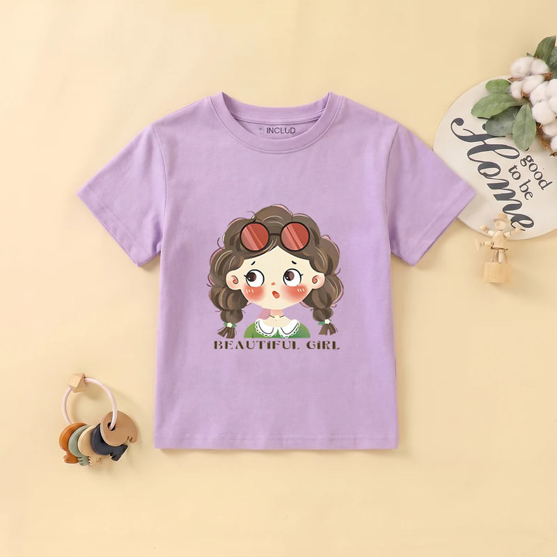 Girls Purple Short Sleeve Girl Graphic Print T-Shirt Tshirts Purple 1-2 Y