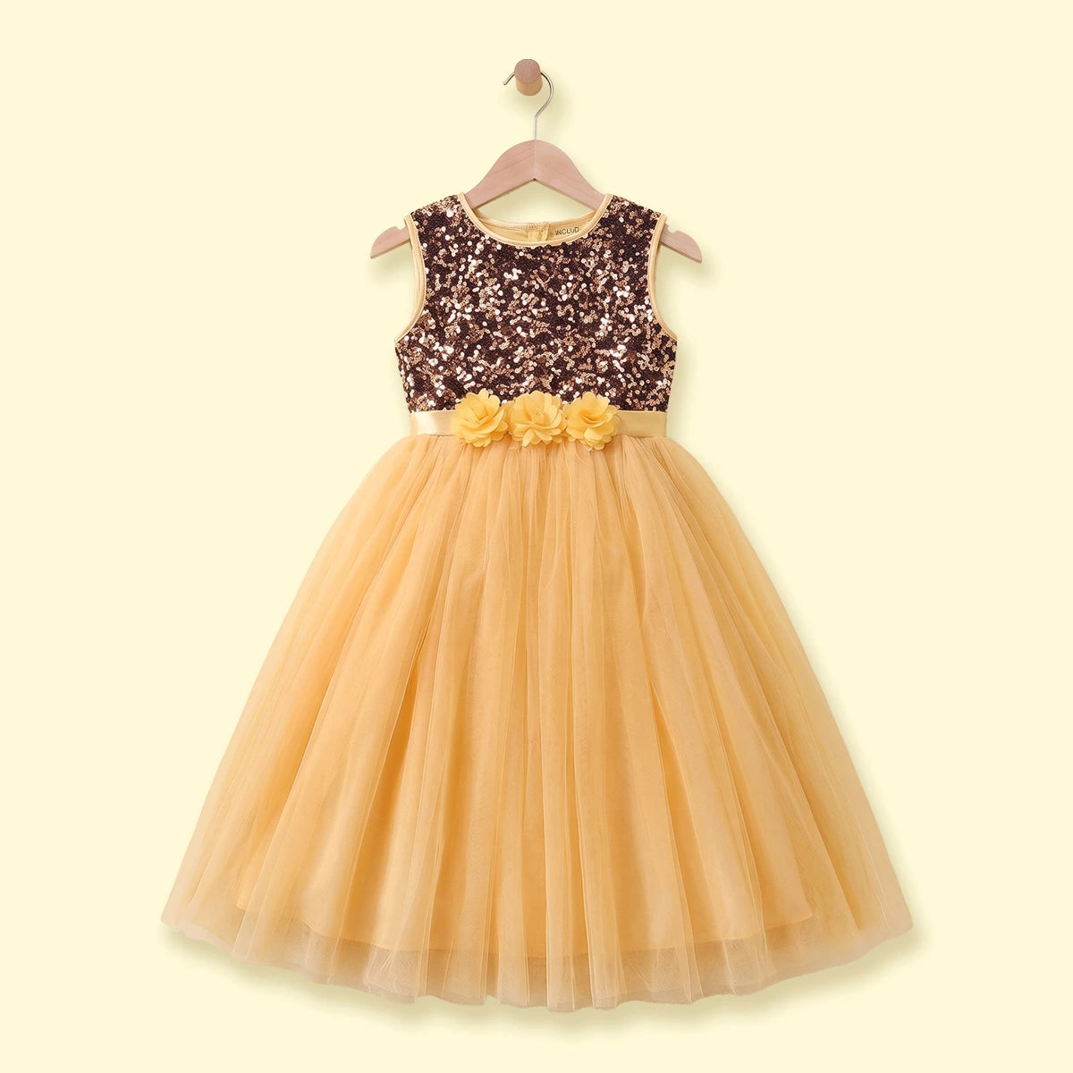 Girls yellow sleeveless party gown with sequined bodice and floral applique