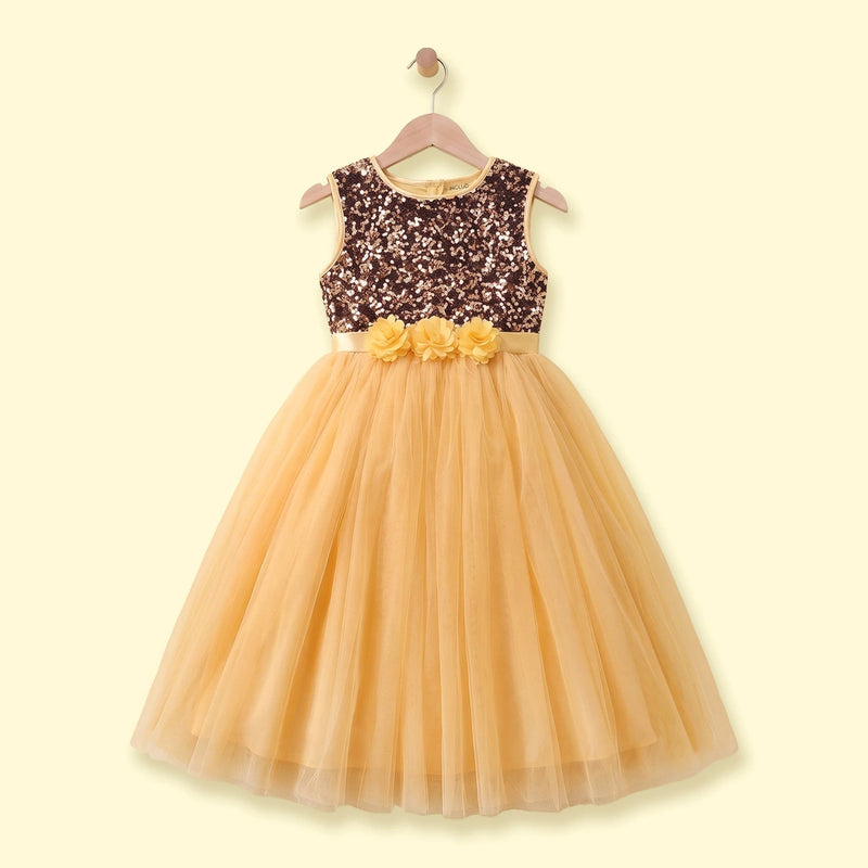 Girls yellow sleeveless party gown with sequined bodice and floral applique