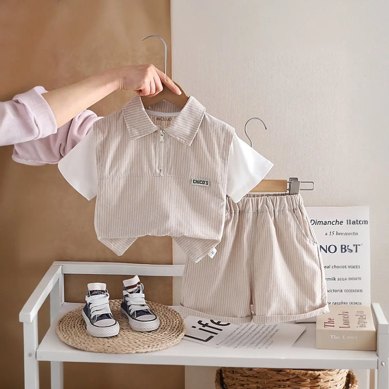 Boys Light Brown Striped Zip-Up T-Shirt With Shorts Sets Sets Light Brown 1-2 Y