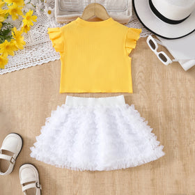 Girls Yellow Pearl Embellished Top With Ruffled Tulle Skirts Set Sets