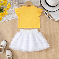 Girls Yellow Pearl Embellished Top With Ruffled Tulle Skirts Set Sets