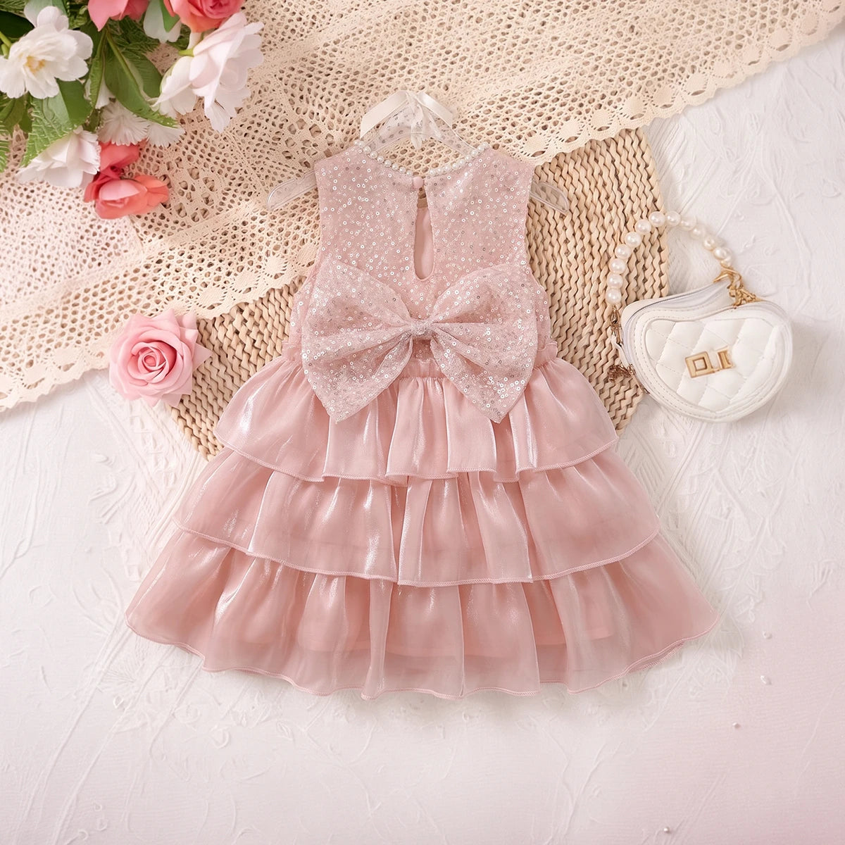 Girls Light Pink Sequins Embellished Layered Party Dress Party Dresses