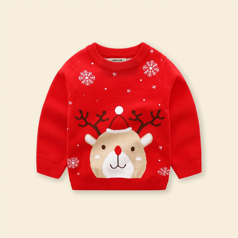 Boys Red Sweater With Cute Reindeer and Snowflake Design Sweaters & Cardigans