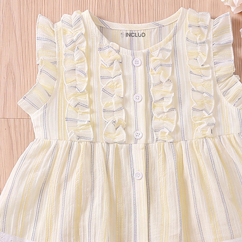 Girls Light Yellow Striped Ruffle Top With Capri Sets 2 pc. Sets