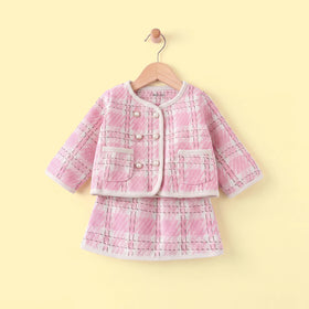 Girls Pink Checked Long Sleeve Jacket With Skirt Sets 2 pc. Sets Pink 1-2 Y