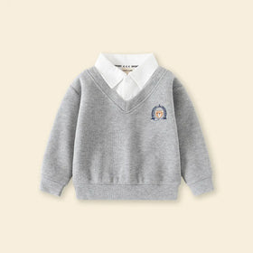 Boys Grey Long Sleeves Sweater With Shirt Collar Sweaters & Cardigans