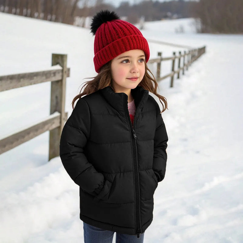 Girls Black Quilted High-neck Puffer Jacket With Side Pockets Coats & Jackets