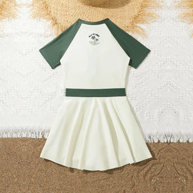 Girls Off White Colorblocked Fit & Flare Swim Dress Beachwear