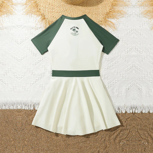 Girls Off White Colorblocked Fit & Flare Swim Dress Beachwear
