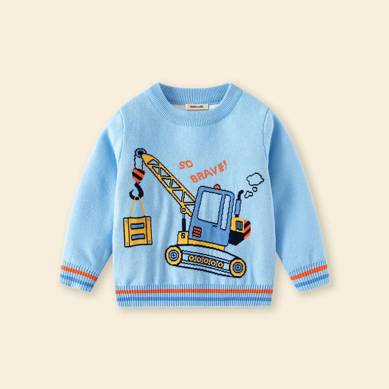 Boys Sky Blue Self-Design Crane Pattern Knitted Sweater Sweaters & Cardigans