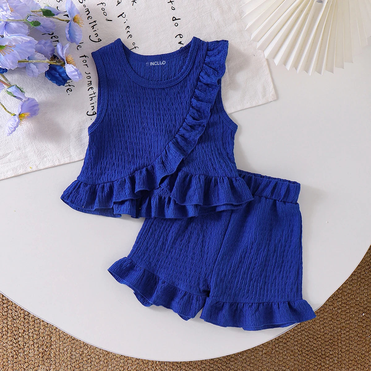 Girls Blue Textured Sleeveless Ruffle Top With Shorts Sets 2 pc. Sets Blue 2-3 Y